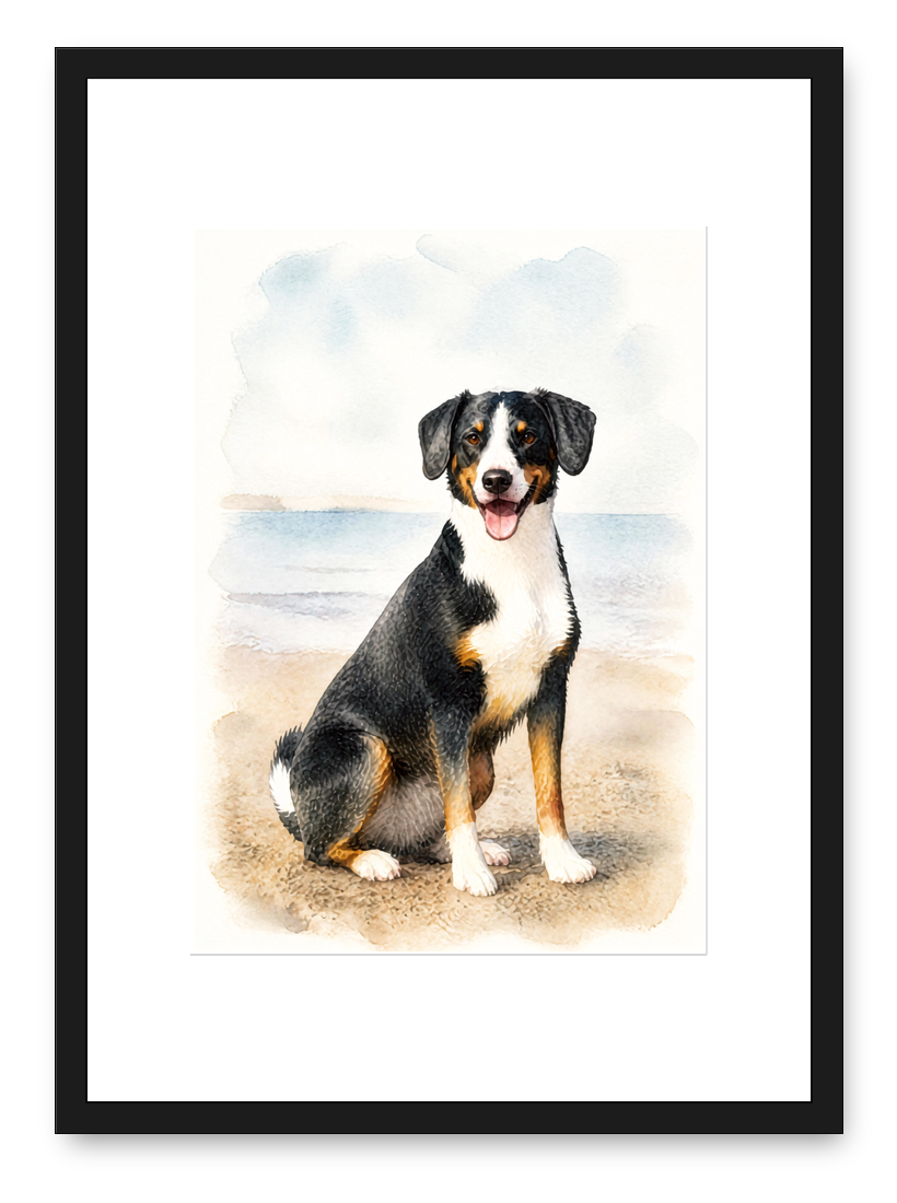 Beach dog portrait in a black frame